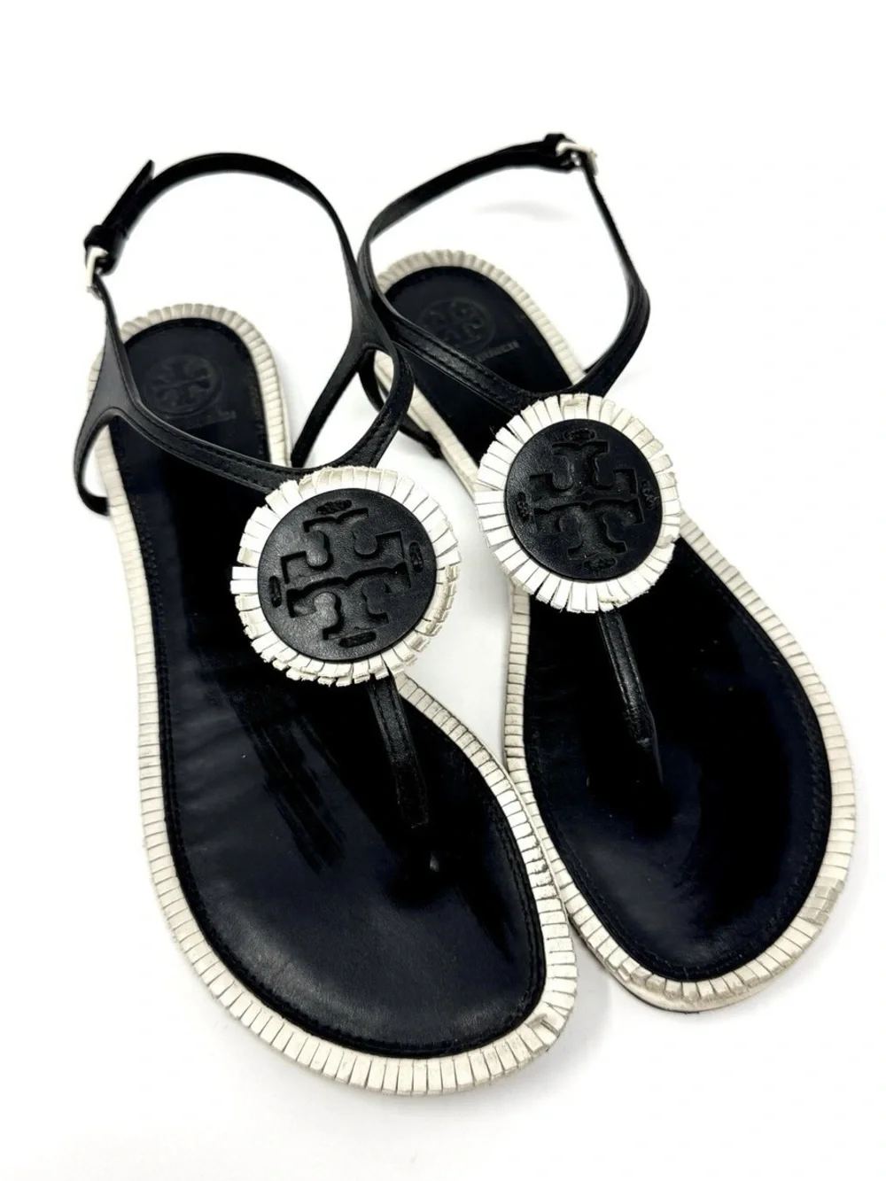 Tory Burch Size 8M Black and White Logo T-Strap Sandals. Box& Dust bag included